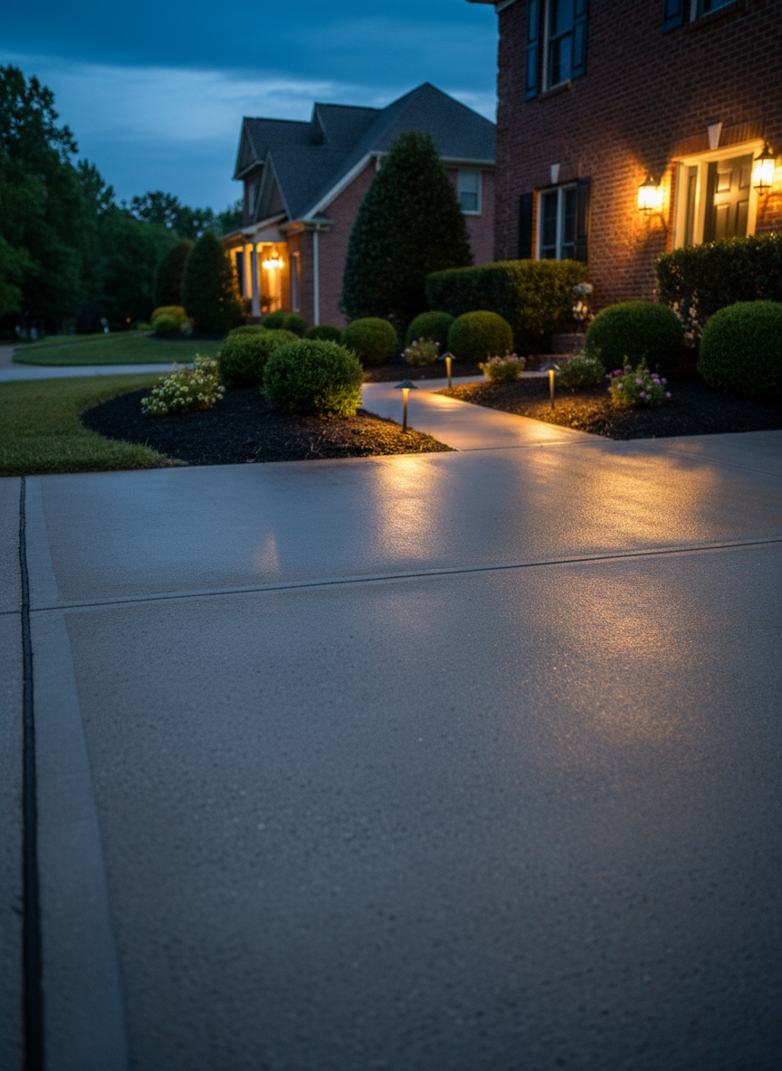 A night-time photographic scene of a freshly pressure-washed driveway and front walk subtly illuminated by warm, low-voltage landscape lighting. The concrete surface appears evenly clean and slightly damp, catching soft reflections from pathway lights and a porch fixture on a brick Franklin, Tennessee home. The edges along the landscaped beds are crisp, with dark mulch and neatly trimmed shrubs framing the walkway. The sky is deep blue, just after sunset, adding a calm, residential feel. Shot from a low, three-quarter angle looking toward the house, with sharp focus on the clean hardscape and a gentle bokeh effect on the background landscaping. The mood is cozy, safe, and well maintained, with photographic realism and a polished, upscale suburban aesthetic highlighting the value of a clean exterior.