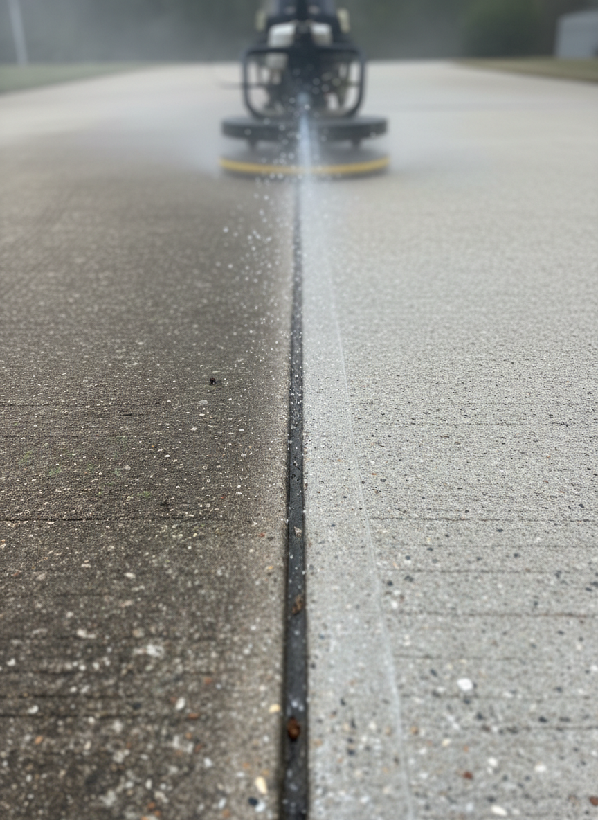A close-up, highly detailed view of a concrete driveway in Brentwood, Tennessee, halfway through professional pressure washing. On the left side, the concrete is dark and stained with mildew, tire marks, and years of grime. On the right, the cleaned section is a light, even gray with crisp edges showing the dramatic before-and-after line. A commercial-grade surface cleaner attachment hovers just above the clean edge, with water mist and droplets frozen in motion. Overcast daylight provides diffused, even lighting with no harsh shadows, emphasizing texture and cleanliness. Shot from a low, side angle with shallow depth of field, focusing sharply on the dividing line. Photographic realism, practical and results-focused mood, ideal for showcasing service effectiveness.