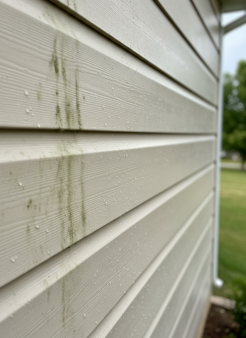 A detailed, close-up photograph of beige vinyl siding on a Tennessee home, showing a dramatic transformation from dirty to freshly washed. The left third of the frame shows dull, streaked panels with green mildew spots and dark runoff stains. The right two-thirds reveal bright, uniform siding with subtle texture and crisp shadow lines between panels. Tiny droplets cling to the cleaned surface, catching soft, diffused late-morning light. The background falls gently out of focus, suggesting a well-kept yard. Captured at a slight upward angle, emphasizing vertical lines and renewal. The overall mood is professional and reassuring, with photographic realism, neutral colors, and a clean, minimal composition that underscores safe, effective exterior cleaning.