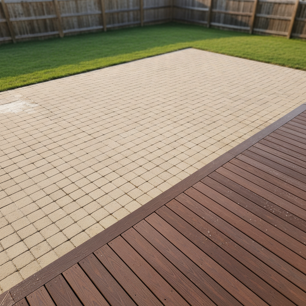 A wide, overhead photographic view of a large backyard patio and deck freshly cleaned by professional pressure washing. The patio is composed of light tan pavers with clean, defined joints, free of moss and discoloration. Adjacent is a composite deck with rich brown planks, their subtle wood grain now clearly visible after washing. Water beads and faint drying patterns catch the soft, mid-morning sunlight. Surrounding the hardscape is a neatly manicured green lawn and a wooden privacy fence, slightly blurred to keep focus on the cleaned surfaces. The mood is calm, orderly, and well cared for. Sharp focus across the main surfaces, balanced composition using rule of thirds, with photographic realism and a clean, modern aesthetic that highlights outdoor living spaces.