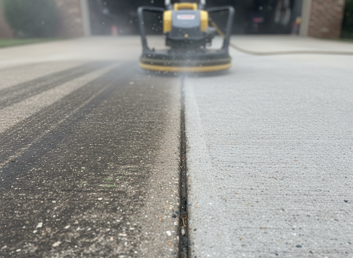 A close-up, highly detailed view of a concrete driveway in Brentwood, Tennessee, halfway through professional pressure washing. On the left side, the concrete is dark and stained with mildew, tire marks, and years of grime. On the right, the cleaned section is a light, even gray with crisp edges showing the dramatic before-and-after line. A commercial-grade surface cleaner attachment hovers just above the clean edge, with water mist and droplets frozen in motion. Overcast daylight provides diffused, even lighting with no harsh shadows, emphasizing texture and cleanliness. Shot from a low, side angle with shallow depth of field, focusing sharply on the dividing line. Photographic realism, practical and results-focused mood, ideal for showcasing service effectiveness.