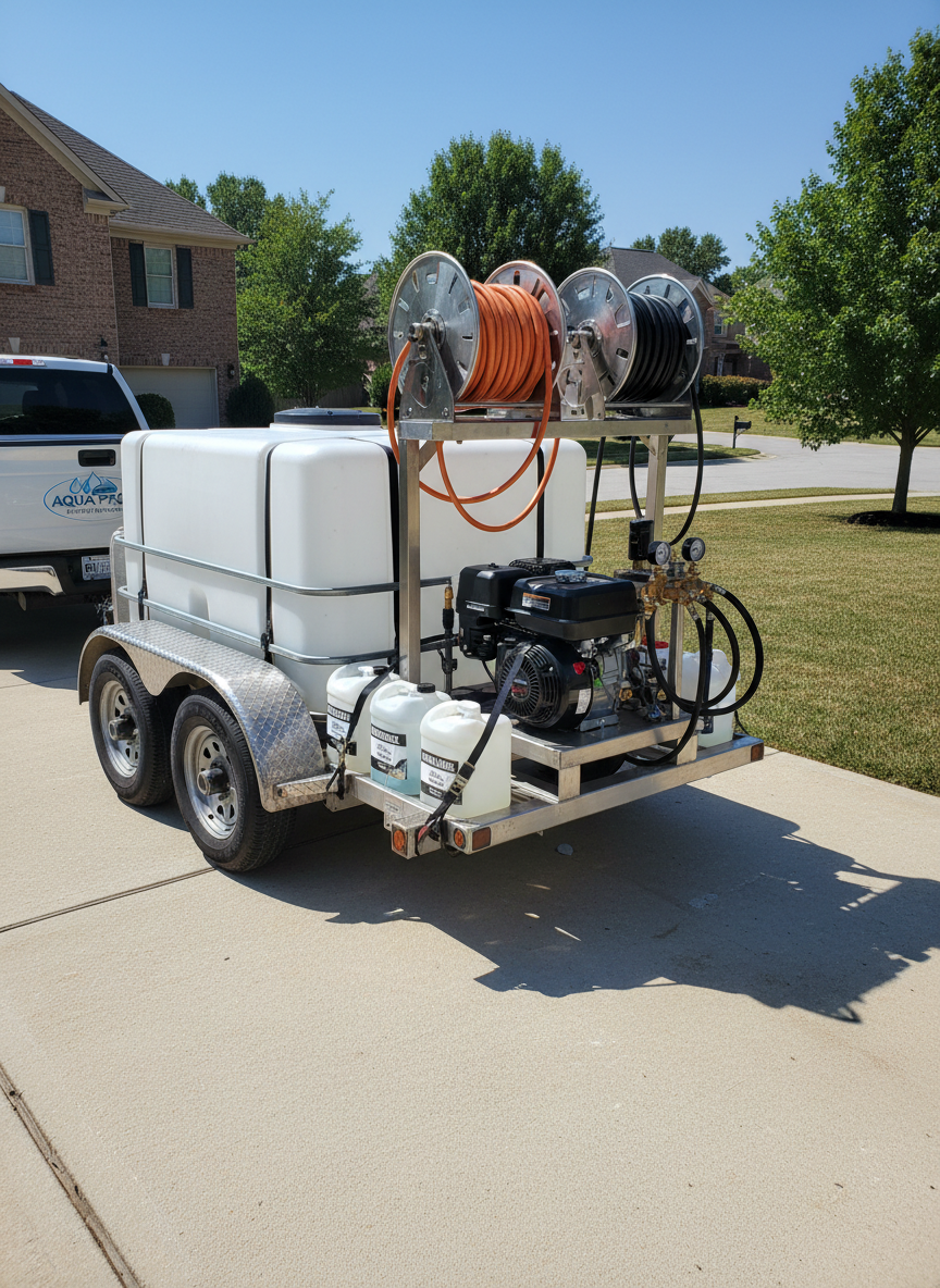 A commercial-grade pressure washing trailer setup parked on a clean residential driveway in Franklin, Tennessee. The image focuses on a neatly organized open trailer containing a large white water tank, tightly coiled high-pressure hoses on reels, a professional pressure washer unit with gauges and stainless-steel fittings, and various labeled chemical containers safely secured. The trailer is hitched to a plain white service truck branded subtly with a simple, modern logo. Bright, clear midday sunlight illuminates the equipment, creating crisp reflections on metal surfaces and defined shadows under the trailer. Photographic realism with an eye-level, three-quarter angle view, sharp focus, and a clean, uncluttered background of a tidy neighborhood street. The mood is professional, reliable, and trustworthy, emphasizing serious, well-maintained equipment and organized service.