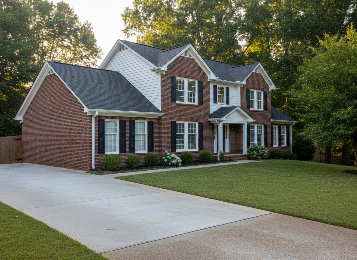 A freshly cleaned suburban brick home exterior in Franklin, Tennessee, with crisp white trim, deep red brick, and a dark charcoal roof, appearing bright and renewed after pressure washing. The siding, gutters, and windowsills are spotless, with water still beading on the surfaces. In the foreground, a concrete driveway shows a clear, sharp contrast between the newly washed area and the still-dirty section, emphasizing results. Soft late-afternoon natural light casts gentle shadows from nearby trees, giving a warm, welcoming feel. Photographic realism, eye-level composition, sharp focus throughout, with a slightly wide-angle lens capturing the entire front facade and driveway in a clean, modern, professional aesthetic suitable for a local service website.
